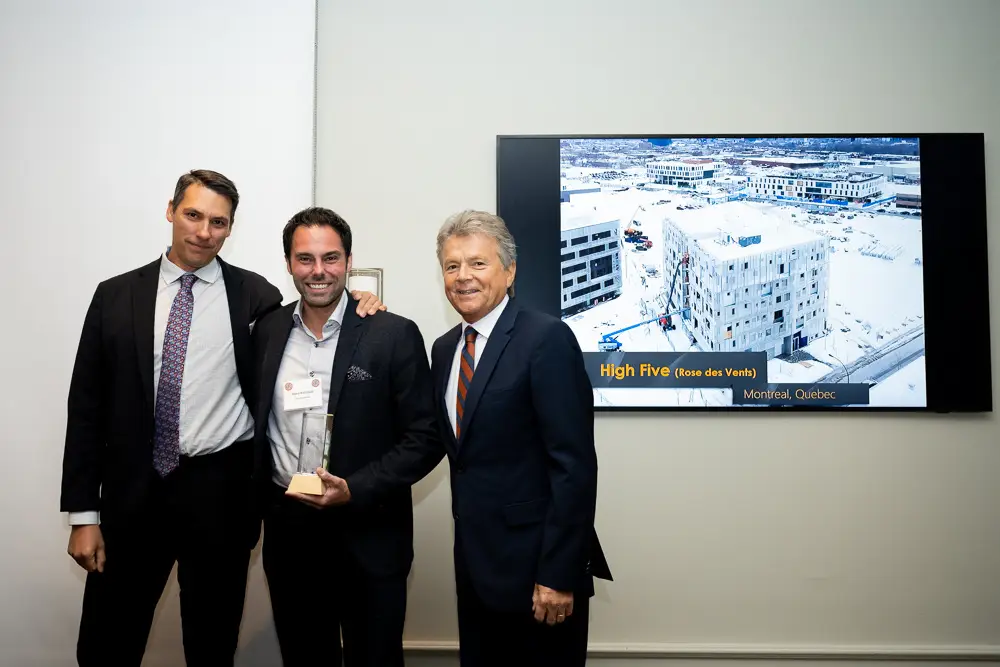 Finalist Award Winner (Mid Rise Residential Category) High Five (Rose des Vents) by ADHOC Architectes From Left: Nick Swerdfeger (ECC Judging Panel chair, Barry Bryan Associates), Dave Barriault (ADEX Systems) on behalf of ADHOC Architectes. , John M. Garbin, (President/CEO, ECC)